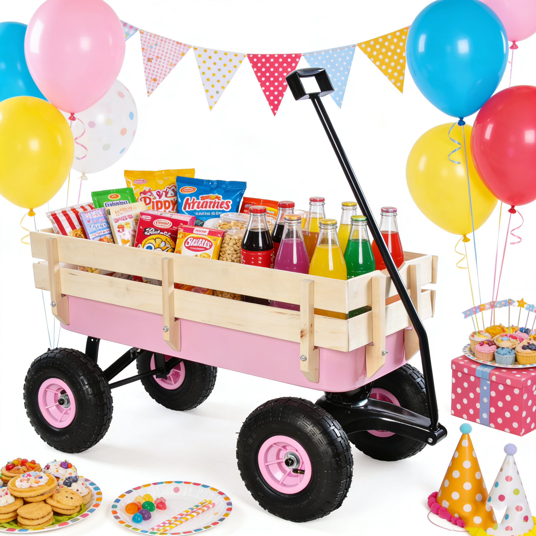 Outdoor Wagon All Terrain Garden Cart Wood Railing 10 Inch Pneumatic Air Tires 176 LBS Load Capacity Iron Frame Foldable Handle For Yard Garden Lawn Hauling