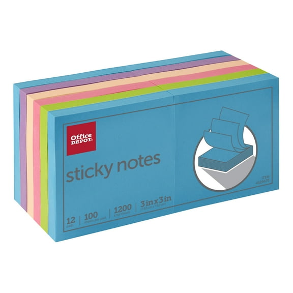 Office Depot® Brand Sticky Notes, 3" x 3", Assorted Neon Colors, 100 Sheets Per Pad, Pack Of 12 Pads, 21332-BRIGHT-12PK