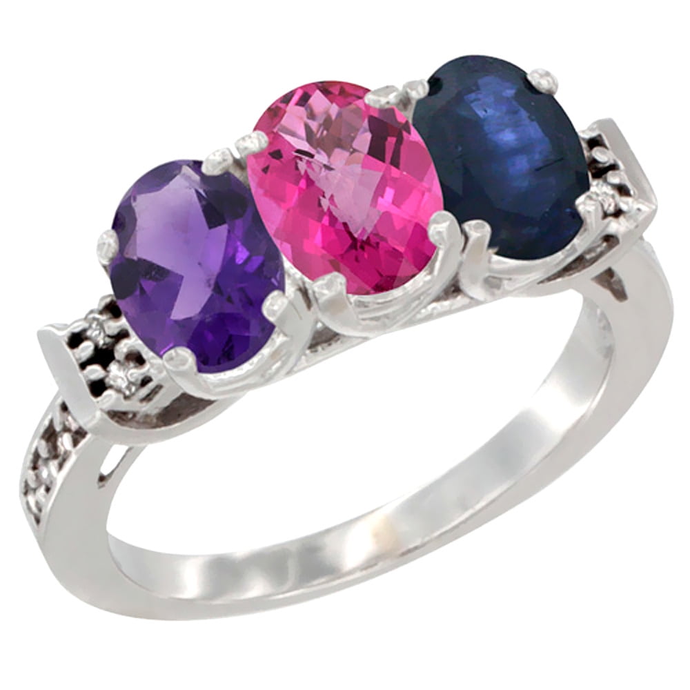 14K White Gold Natural Amethyst, Pink Topaz & Blue Sapphire Ring 3-Stone 7x5 mm Oval Diamond Accent, sizes 5 10 by WorldJewels