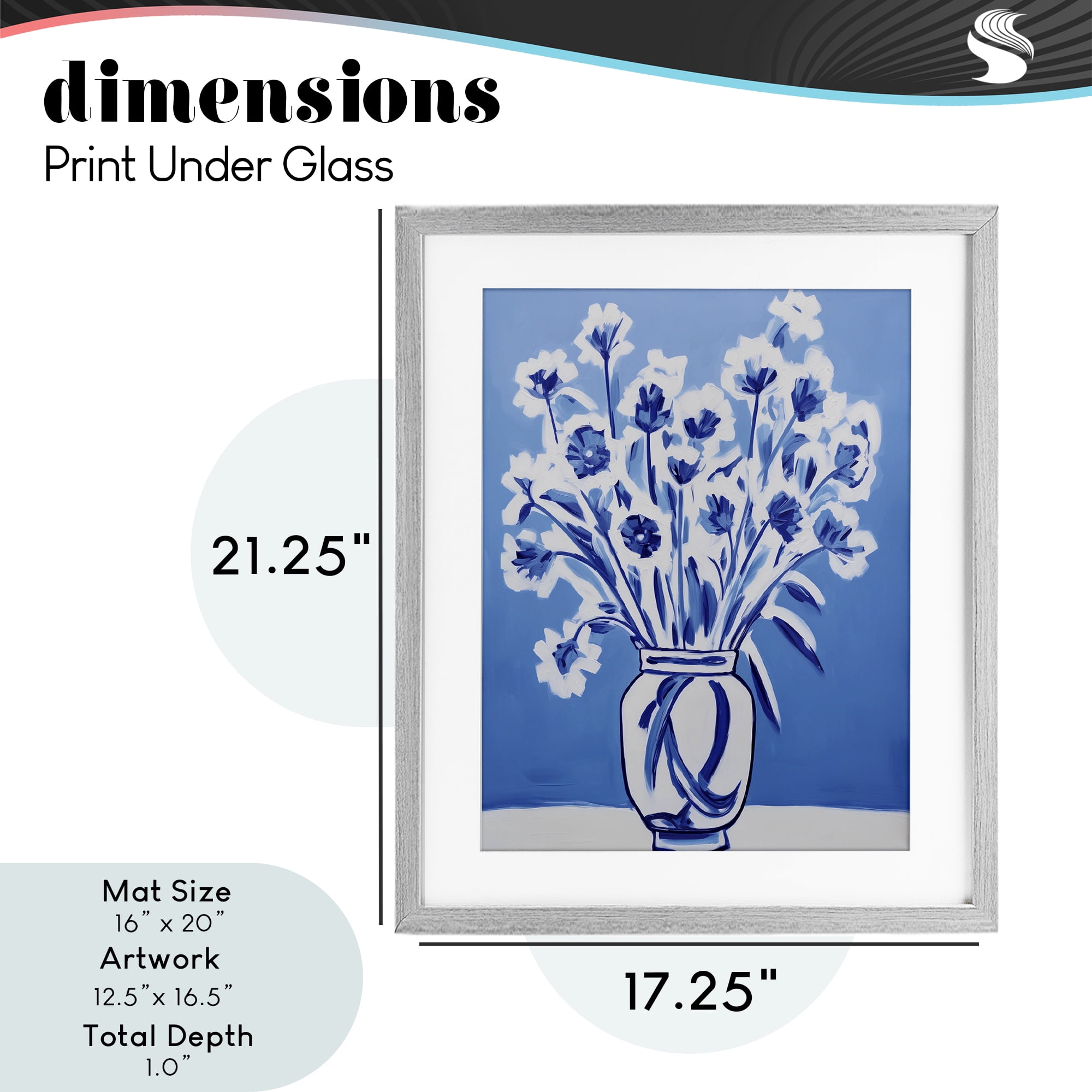 Blue & White Contrast Flowers Gray Framed Print Under Glass, design by Lettered and Lined