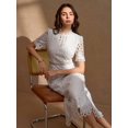 thumbnail image 4 of White Floral Lace High Neck Short Sleeve Sheath Midi Dress, 4 of 30