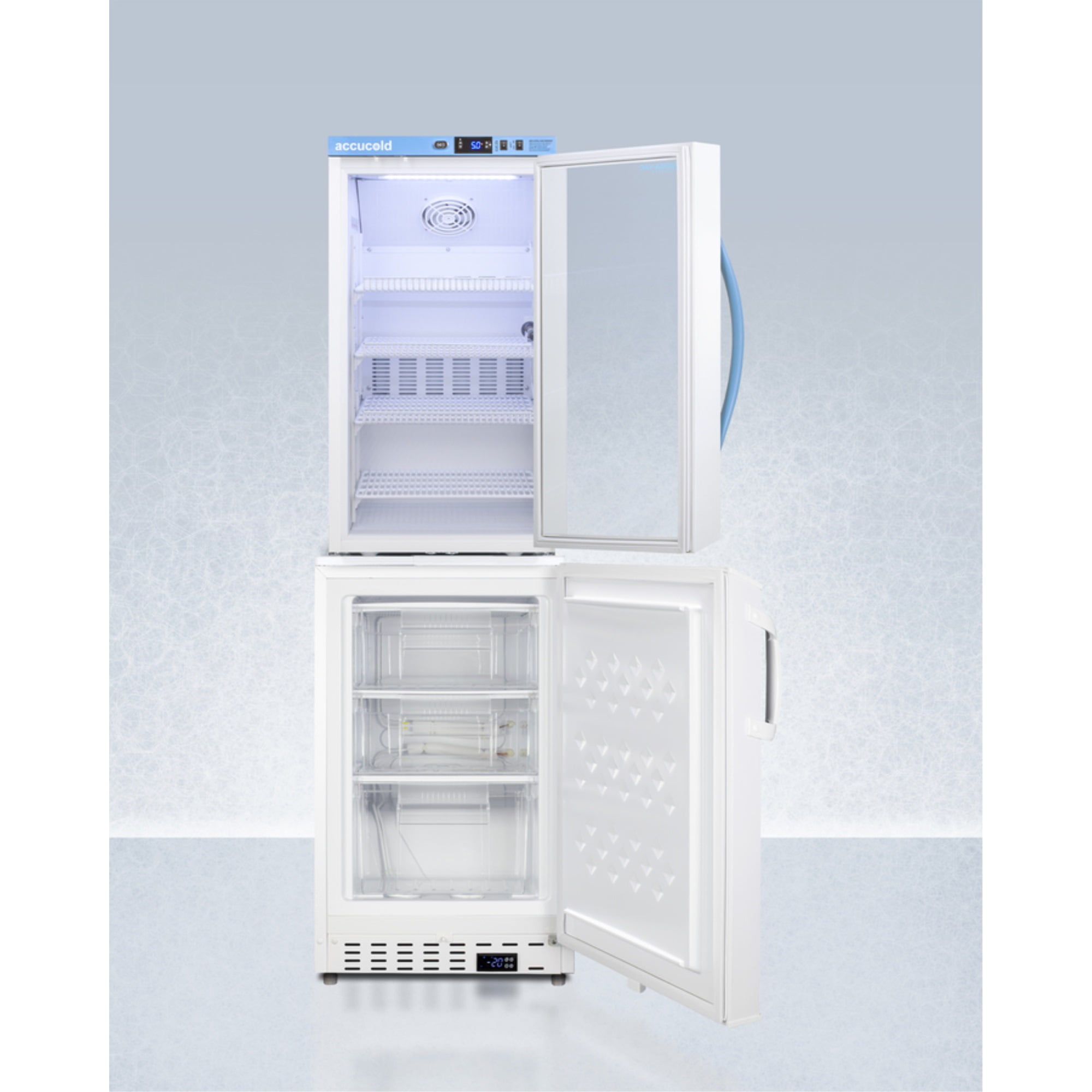 Stacked vaccine refrigerator-freezer combination