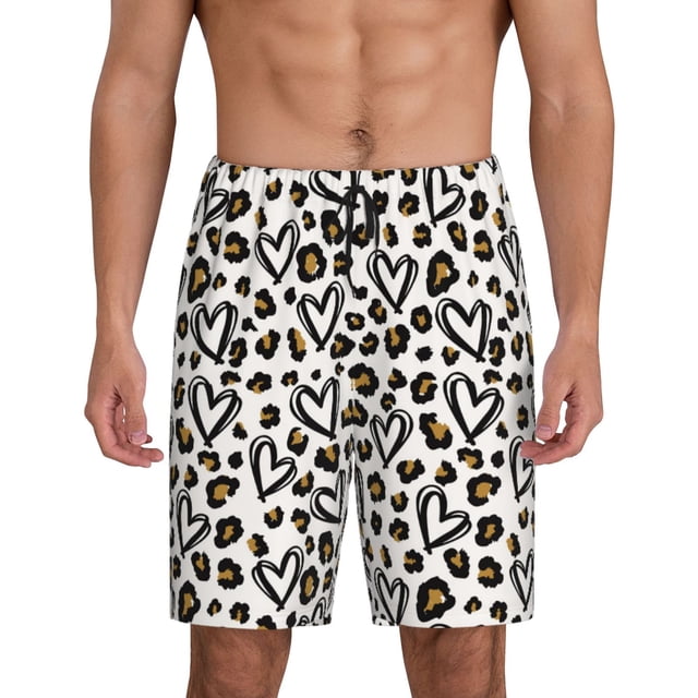 Fotbe Heart Leopard Pantalones Cortos de Pijama para Hombre, Ropa de Dormir, Pantalones de Pijama Cortos para Hombre-X-Large