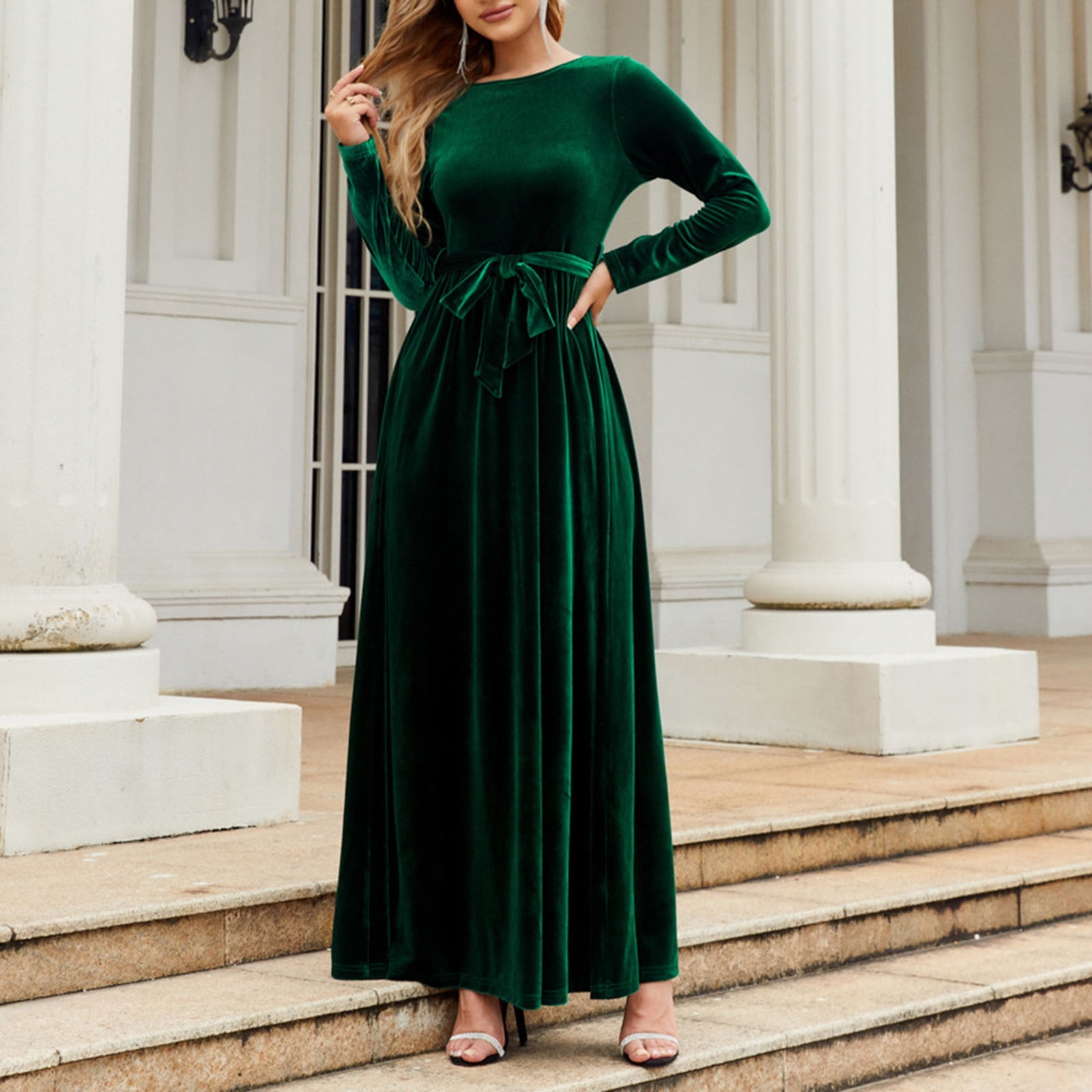 JGGSPWM Women's Velvet Maxi Dress High Waisted A Line Skirt Long Sleeves Dresses Green L