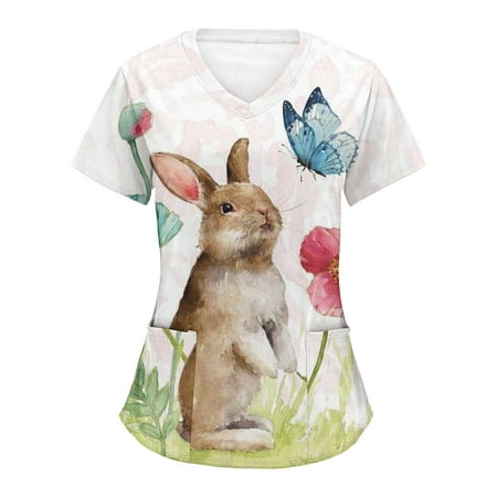 

Women Comfotable Cartoon Animals Printing Short Sleeve V-Neck Holiday Cute Working Scrubs Top Blouse Tops With Pockets Ladies Dailywear
