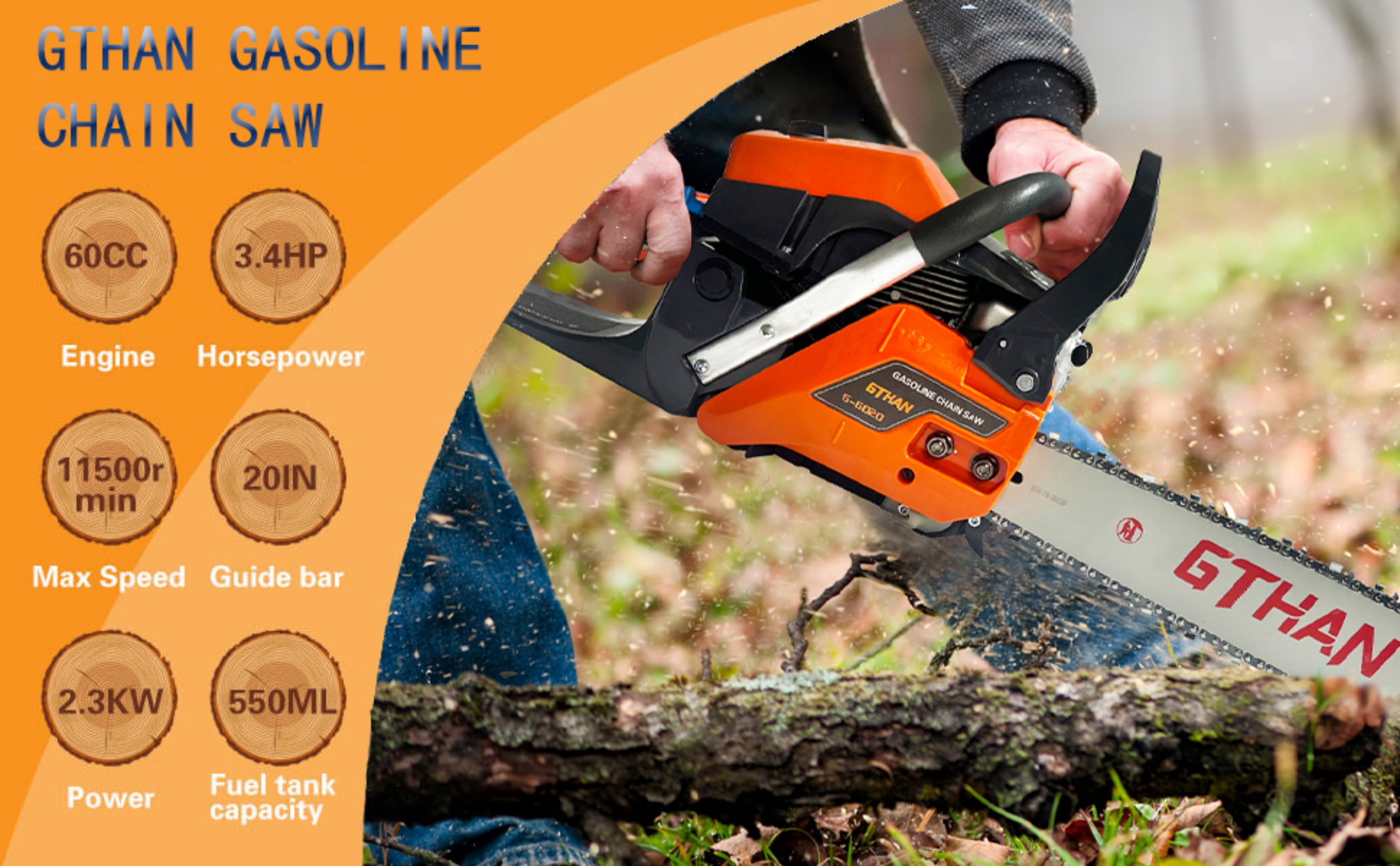 60cc Gas Chainsaws 20 Inch Bar Power Chain Saw Gas Powered Chainsaw 2 Stroke Handed Petrol Gasoline Chain Saws for Cutting Wood Outdoor Garden Farm Home Use