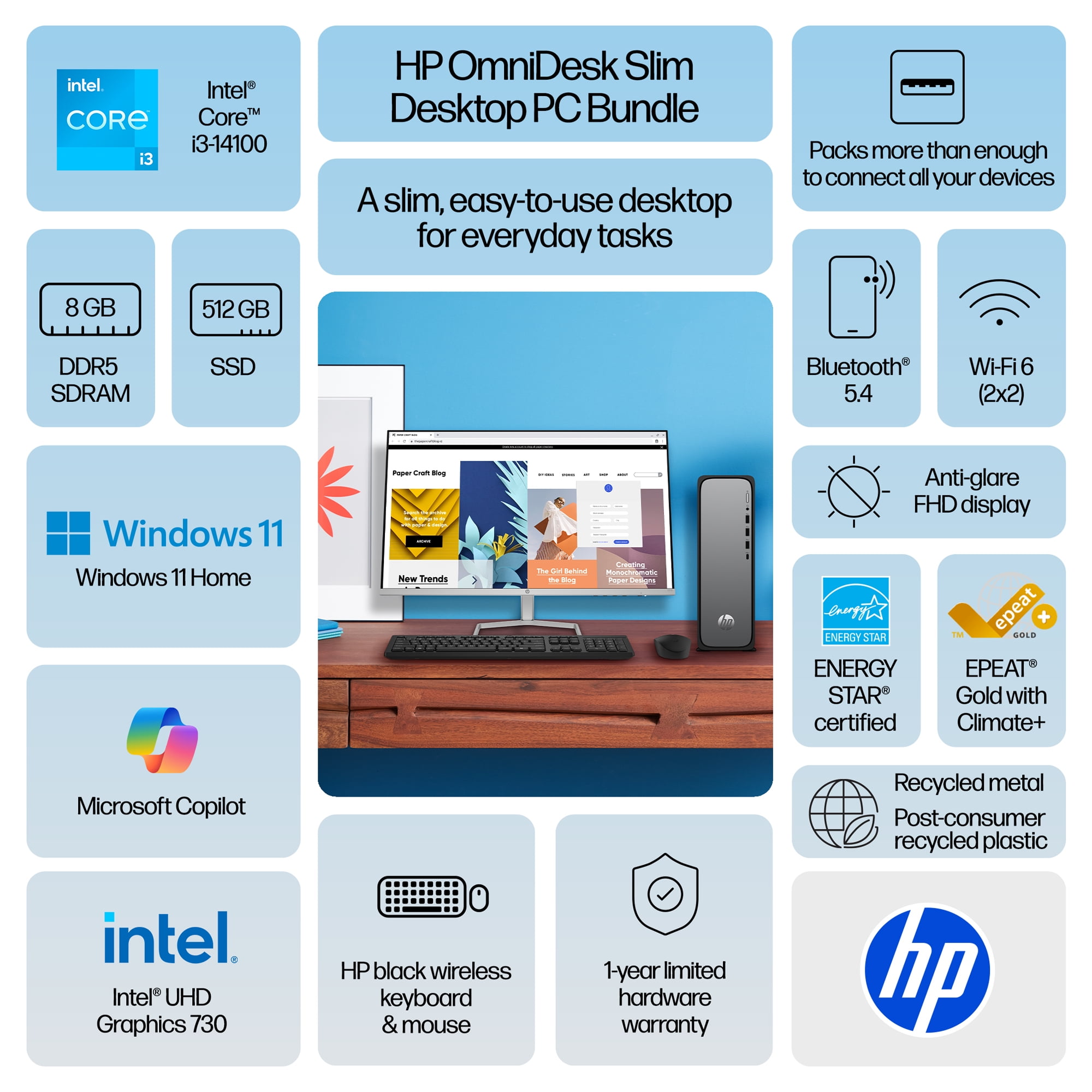 HP OmniDesk Slim Desktop PC Bundle Intel Core i3 w/27" FHD Display Windows 11 Home Meteor Silver