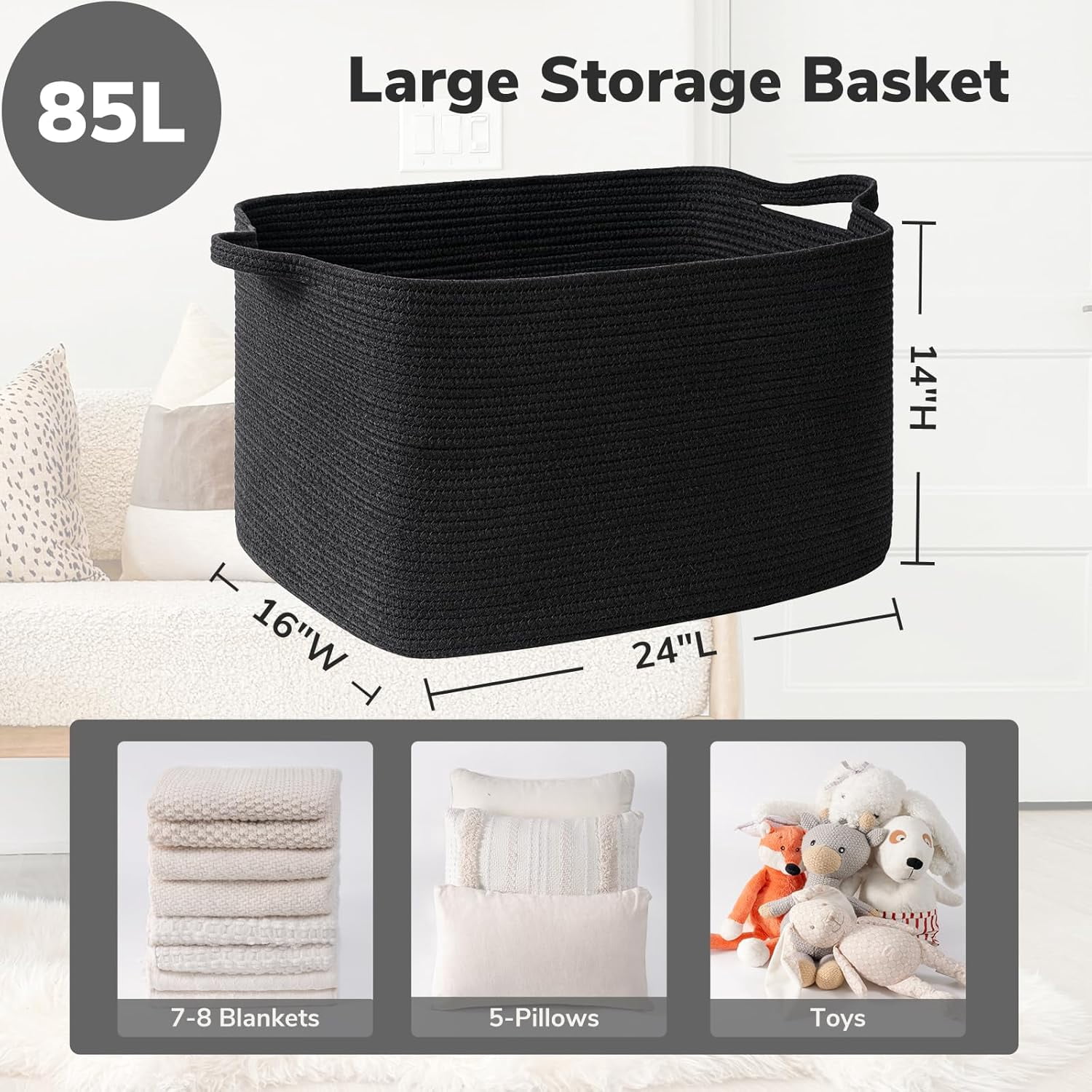 PrimeCook Shop Extra Large Storage Basket, 23.6" x 15.7" x 13.8" Rectangle Cotton Rope Basket for Blankets, Pillows, Toys, Woven Dirty Clothes Baskets for Laundry, Black