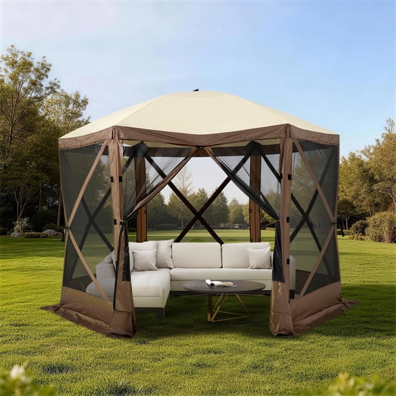Clouddwell 12x12 FT Outdoor Pop-up Gazebo Tent, 6-Sided Screen Room with Waterproof UV-Blocking Canopy, Includes Carry Bag, Stakes & Ropes, Brown