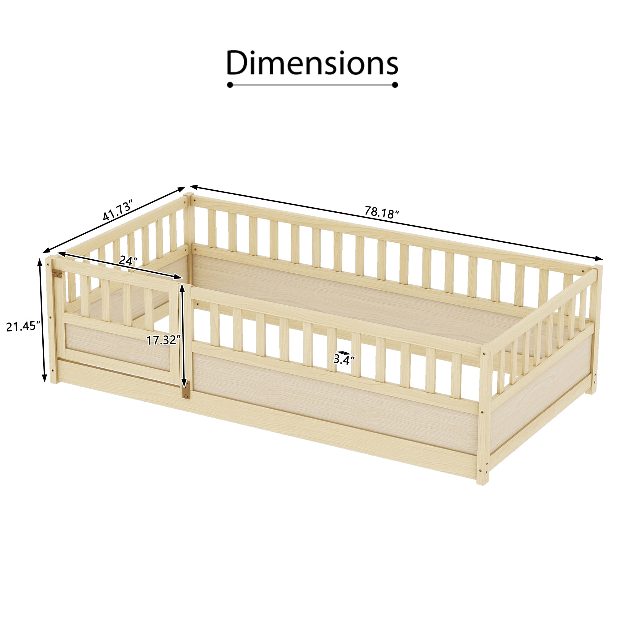 Floor Bed, Low-Profile Bed Frame, Twin Size Bed with Integrated High Safety Barrier and Door, Solid Pine Wood Construction, for Home Use, Natural Wood