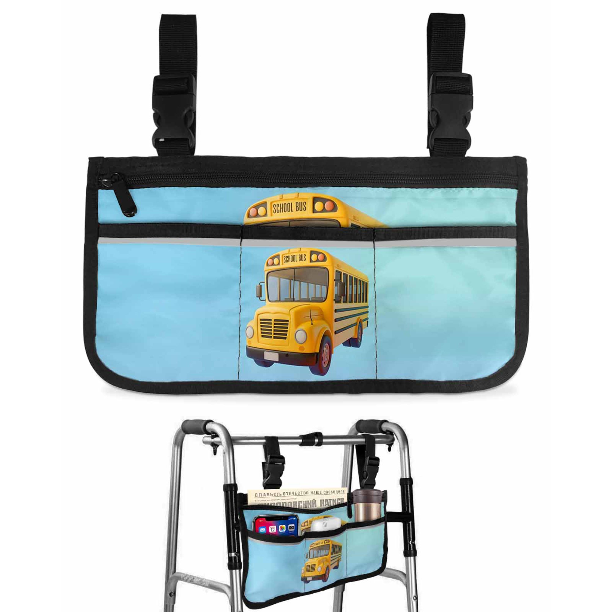 Yellow School Bus Wheelchair Side Bag with Cup Holder, Blue Background Cartoon 3D Simple Wheelchair Armrest Bag Storage Pouch Adults, Seniors for Walkers, Rollator, Scooter