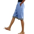 thumbnail image 3 of VBVC Women's Cotton Linen Striped Cuffs Capri Pants , Wide Leg Summer Trousers For Women , Ladies' Knee Length Shorts with Pockets, *Blue , Large, 3 of 5