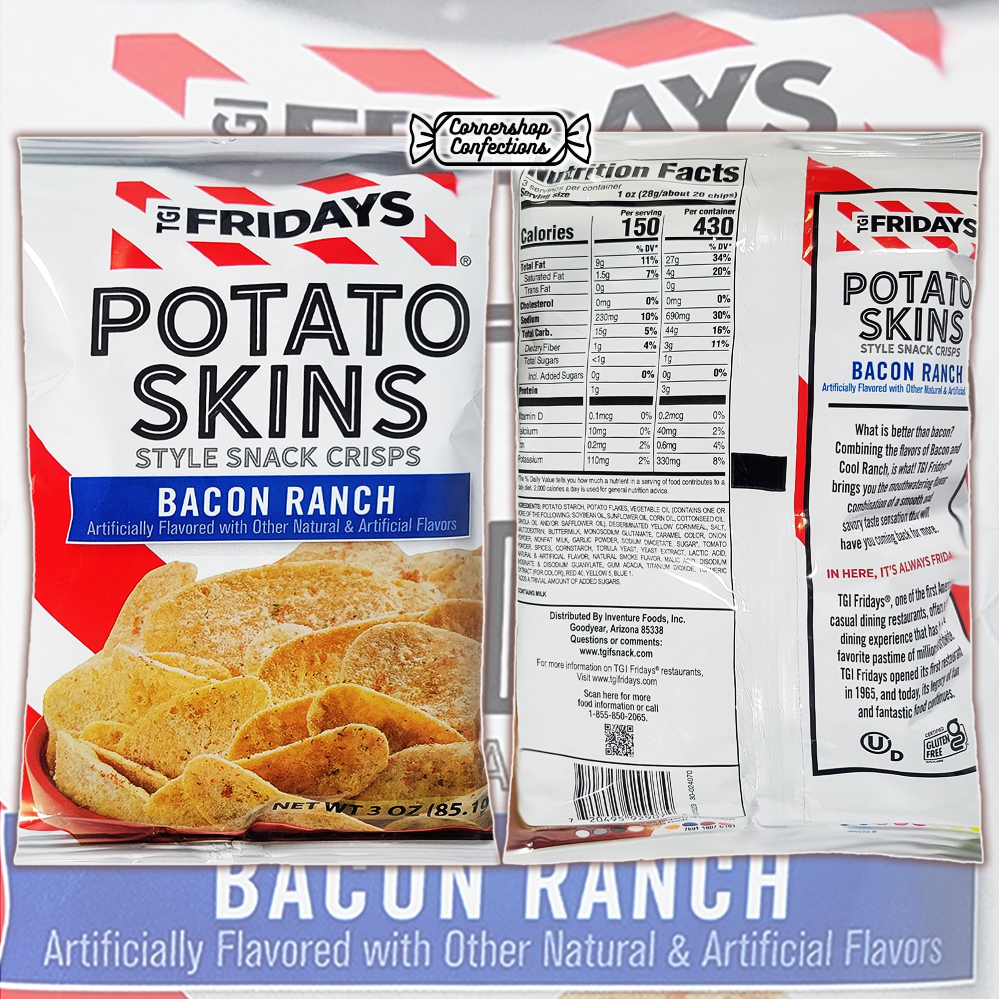 TGI Fridays Potato Skins Bacon Ranch Bundle Pack - 7 Individually Sealed Bags, Each 3 Ounces - Gluten-Free, Kosher - For Snacks, Lunches, Parties, Movie Nights - In Cornershop Confections Box
