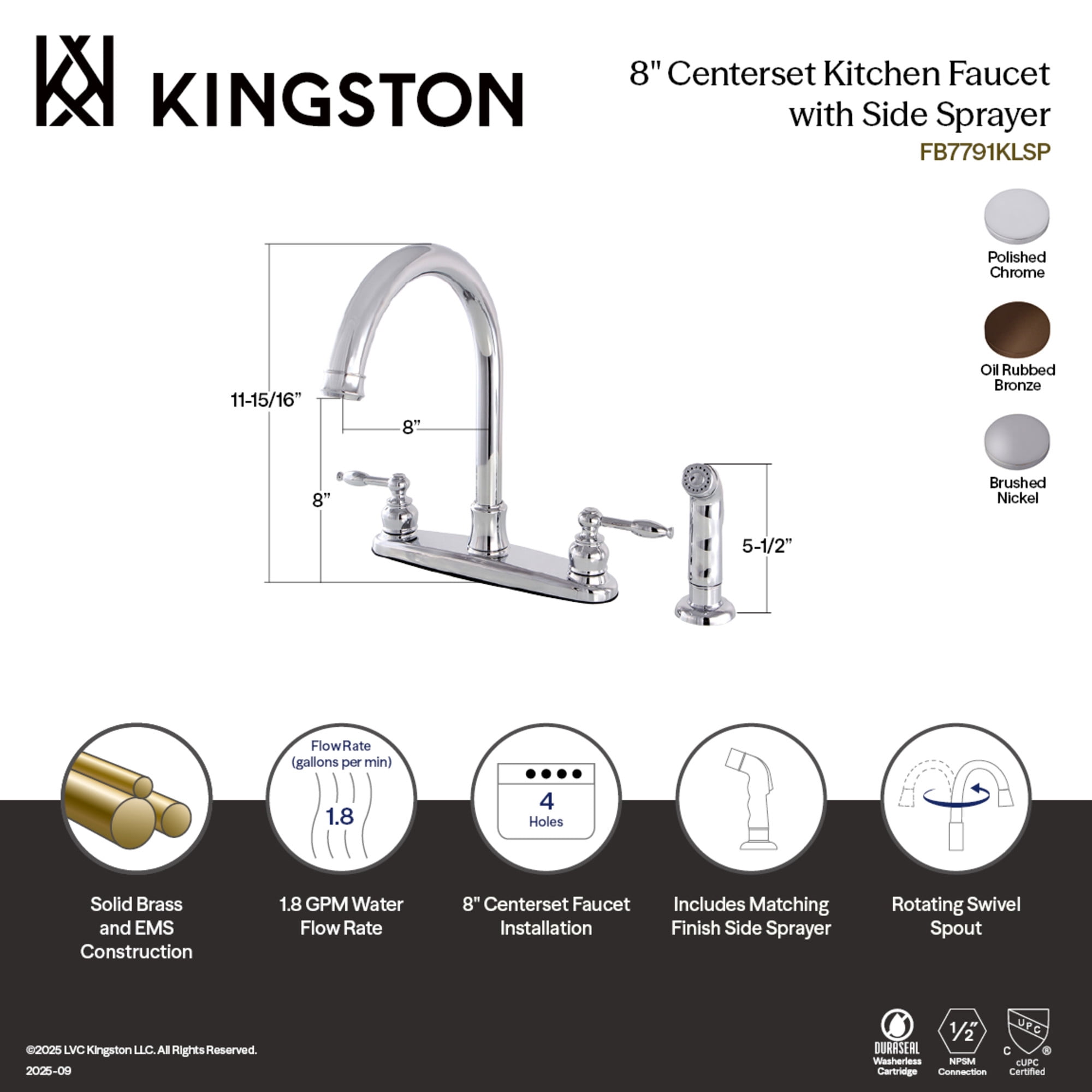 Kingston FB7795KLSP Knight Two-Handle 4-Hole 8" Centerset Kitchen Faucet with Side Sprayer in Oil Rubbed Bronze