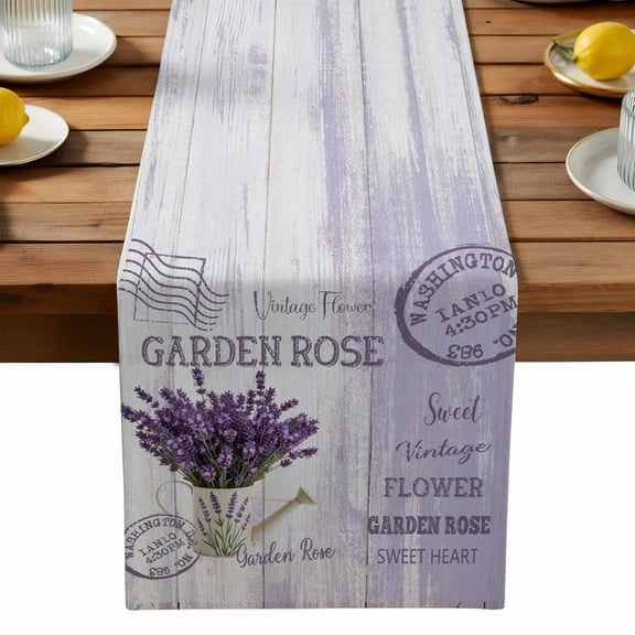 Summer Lavender Table Runner, Purple Floral Vintage Wood Grain Washable Kitchen Table Runners Dress Scarves for Dining Table Decorations Party, 13x72in