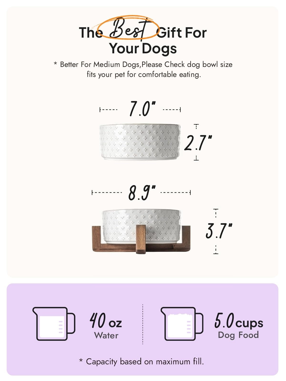 Dog Bowl Set with Acacia Wood Stand - 1.5-Cup Ceramic Puppy Bowls for Small Dogs, Dual Food and Water Bowls with Weighted Non-Slip Base
