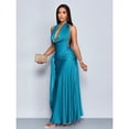 thumbnail image 5 of Teal Blue Womens Elegant Plunging Cowl Neck Tie-Front High Slit Maxi Dress For Party Cocktail Wedding Bridesmaid, 5 of 6