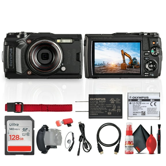 Olympus Tough TG-6 Digital Camera (Black) (V104210BU000) Bundle Including: 128 GB Memory Card, HDMI Cable, Cap Keeper, Flexible Tripod, Hand Strap, Full Cleaning Kit