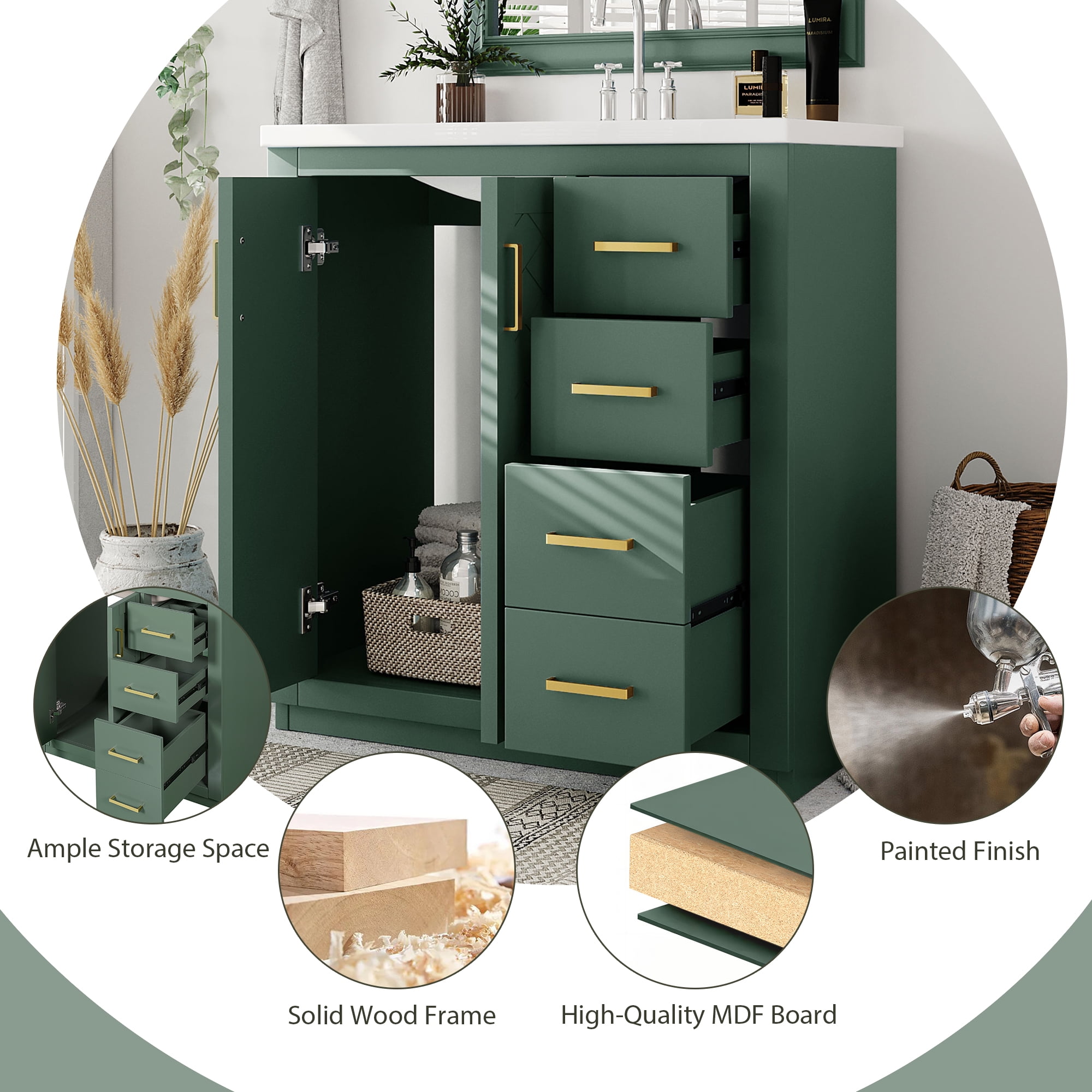 Euroco 30'' Bathroom Vanity with Ceramic Sink Combo, Solid Wood Frame Bathroom Storage Cabinet, Freestanding Vanity Set with 3 Drawers& Soft Closing Doors