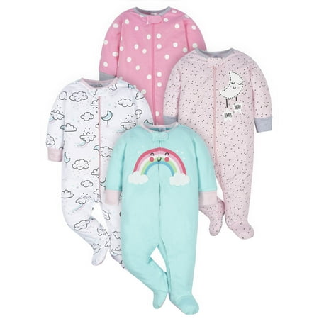 Gerber Baby Girl Sleep N Play Footed Pajamas, 4-Pack