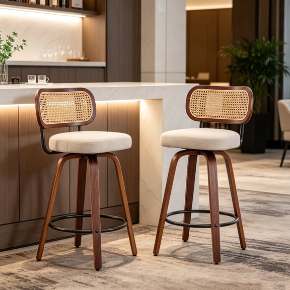 Set of 2 26 Inch Swivel Counter Bar Stools, Rattan Cane Back, Beige Linen Seat with Curved Walnut Wood Legs, Mid-Century Farmhouse Kitchen Island Chairs