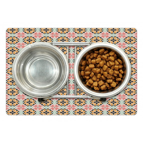 Folk Pet Mat for Food and Water, Style Mosaic Tile Design Pattern with Cultural Floral Inspirations, Non-Slip Rubber Mat for Dogs and Cats, 18" X 12", by Ambesonne