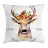 Indie Throw Pillow Cushion Cover, Deer Portrait in Watercolor Painting Style Boho Flower Bouquet Hipster Rustic Artwork, Decorative Square Accent Pillow Case, 16 X 16 Inches, Multicolor, by Ambesonne