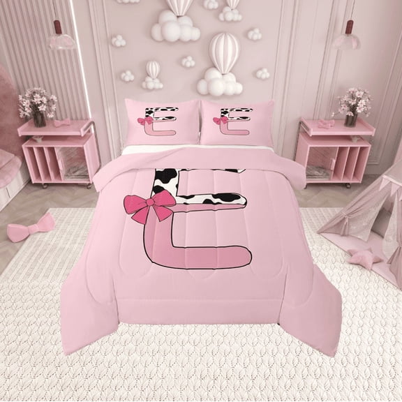 Erosebridal Initial Monogrammed Bedding Twin Comforter Set,Bowknot Cow Print Down Comforter,Ultra Soft Reversible Bedding Sets Twin with Comforter,Kawaii Room Decorative,3pcs