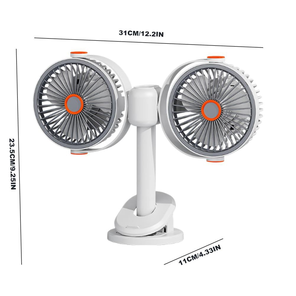 Dual Head Clip on Fan - Rechargeable Portable Desk Fan with LED Light, 360 Rotatable USB Clip Fans with 5 Speeds Wall Mounted & Hanging Quiet Cooling Fans for Stroller, Car, Office, Camping & Bed