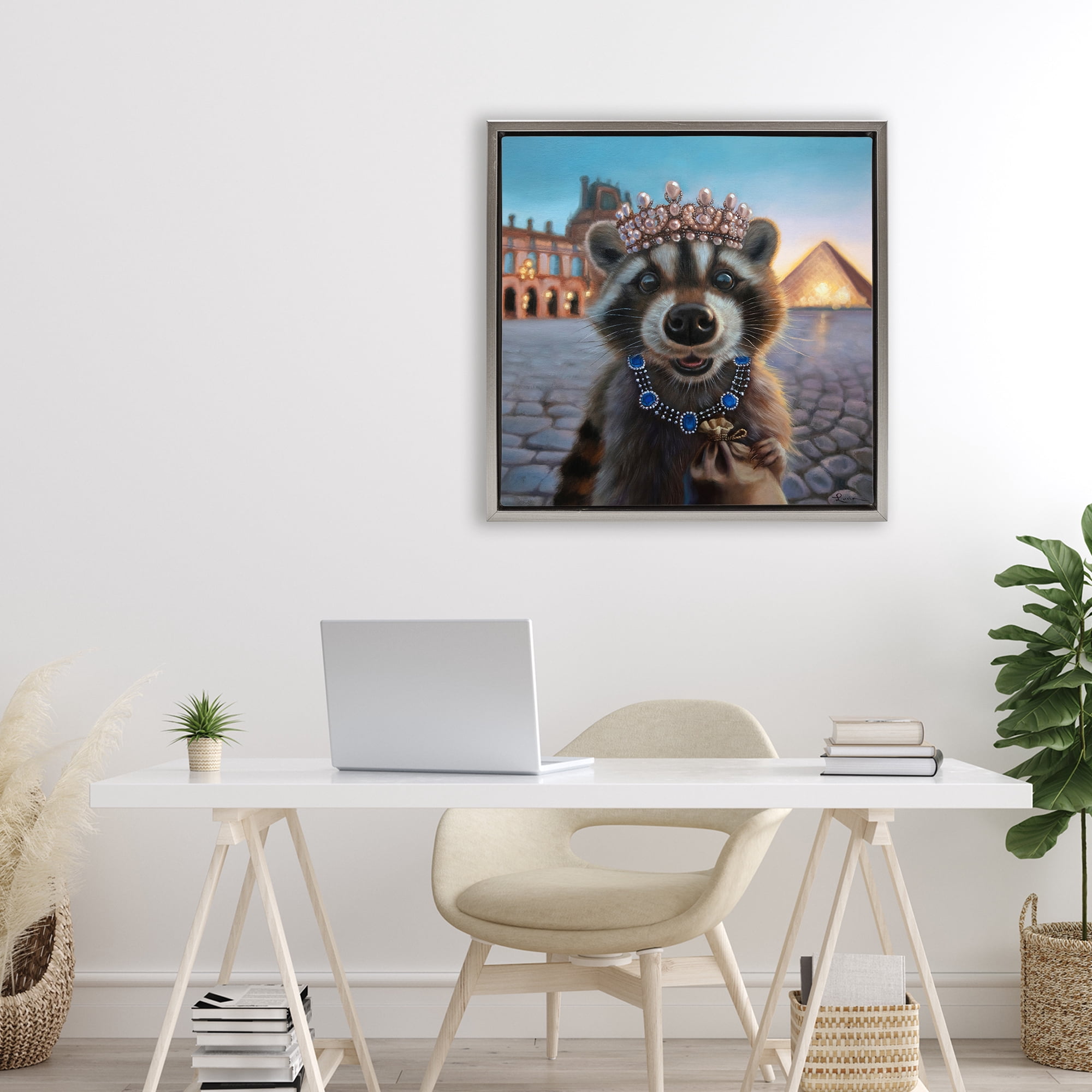Stupell Industries Louvre Loot Raccoon Gray Framed Floater Canvas Wall Art, design by Lucia Heffernan