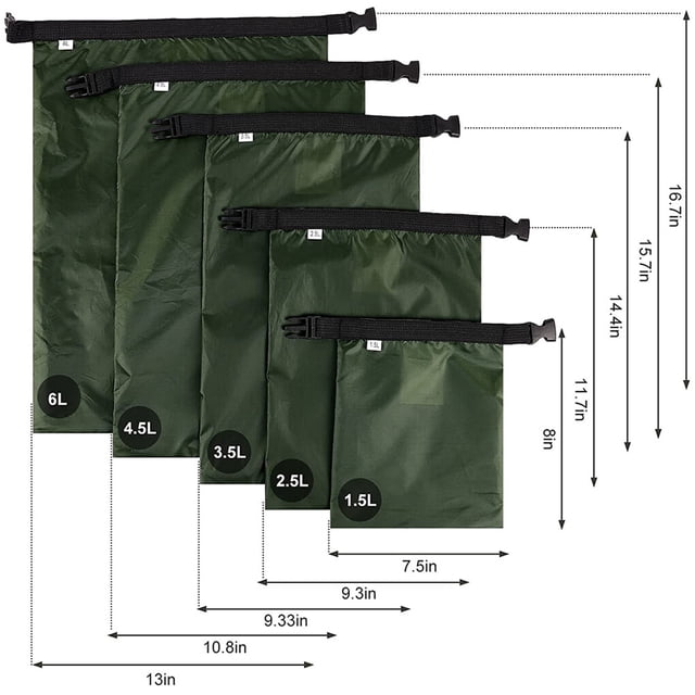 Lot de 5 Sacs Étanches Étanches Randonnée Kayak Dérive Rafting Canoë Sac Pliable Portable Randonnée Natation Sac de Voyage Vert