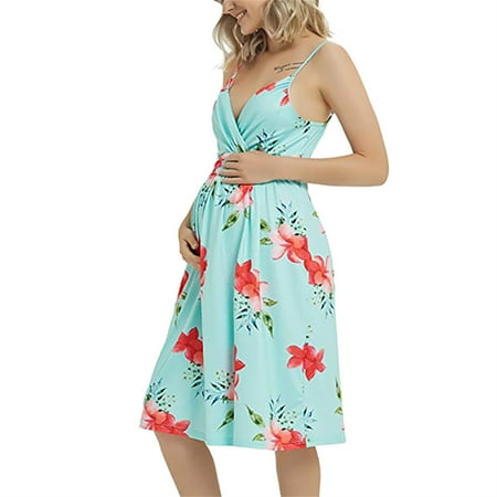 

Hanerdun Women Female Maternity Dresses Pregnancy V-Neck Midi Dress Blue S