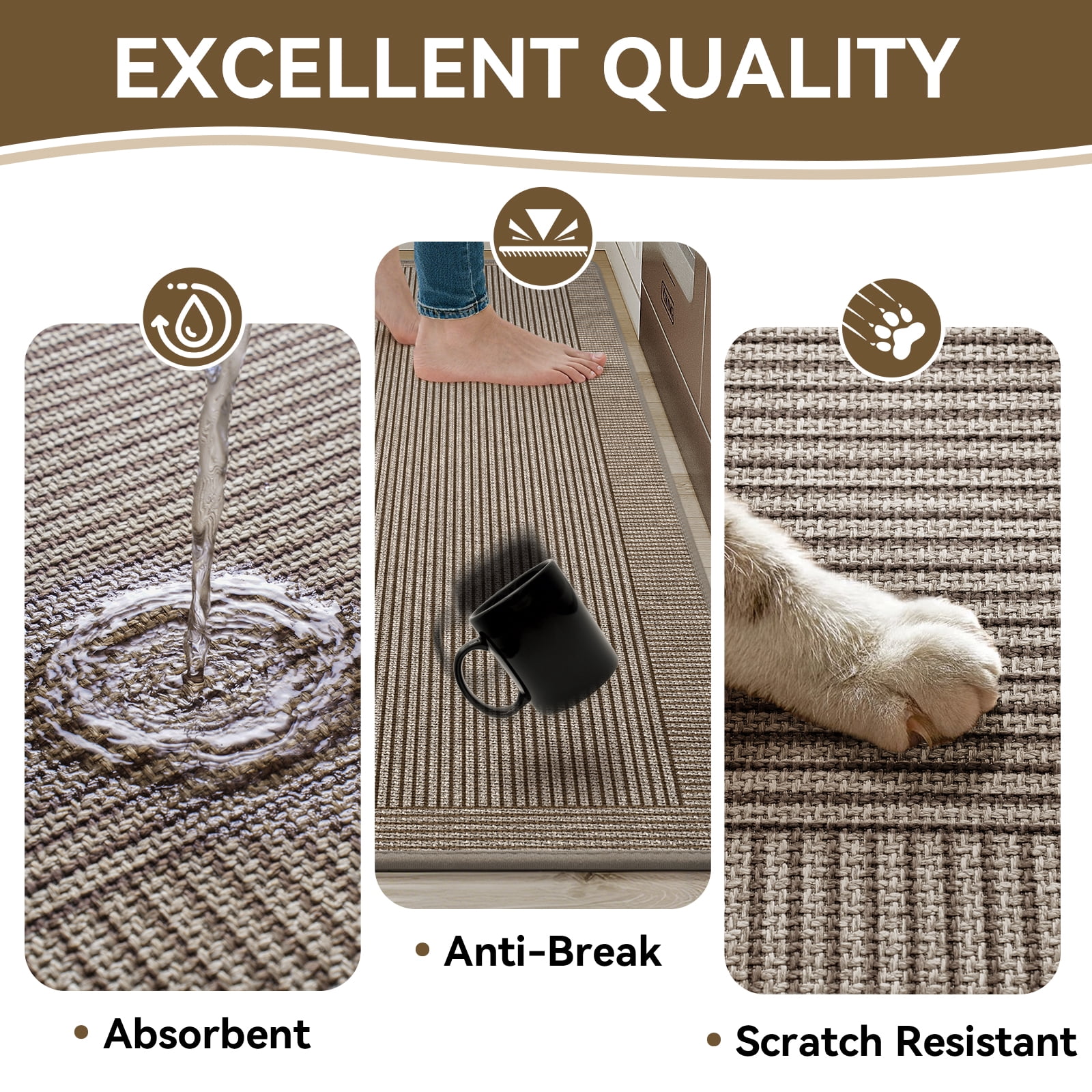 QiCaiJia Kitchen Rugs Set of 2, 17''x30''+17''x59'' Brown Kitchen Mats for Floor, Washable Non Slip Absorbent Kitchen Mat, Braided Kitchen Runner Rug, Kitchen Sink Rug