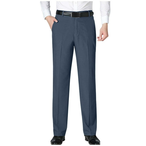 Pantalones largos para hombre, color liso, con cremallera, botones, pierna recta, pierna ancha, pantalones de traje casuales, pantalones de poliéster para hombre