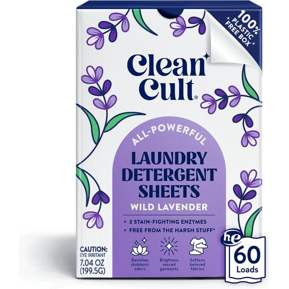 Laundry Detergent Sheets - Resealable Box - 3 Stain Fighting Enzymes - Wild Lavender - 60 Loads - Free of Harsh Chemicals - No Mess - No Plastic Waste