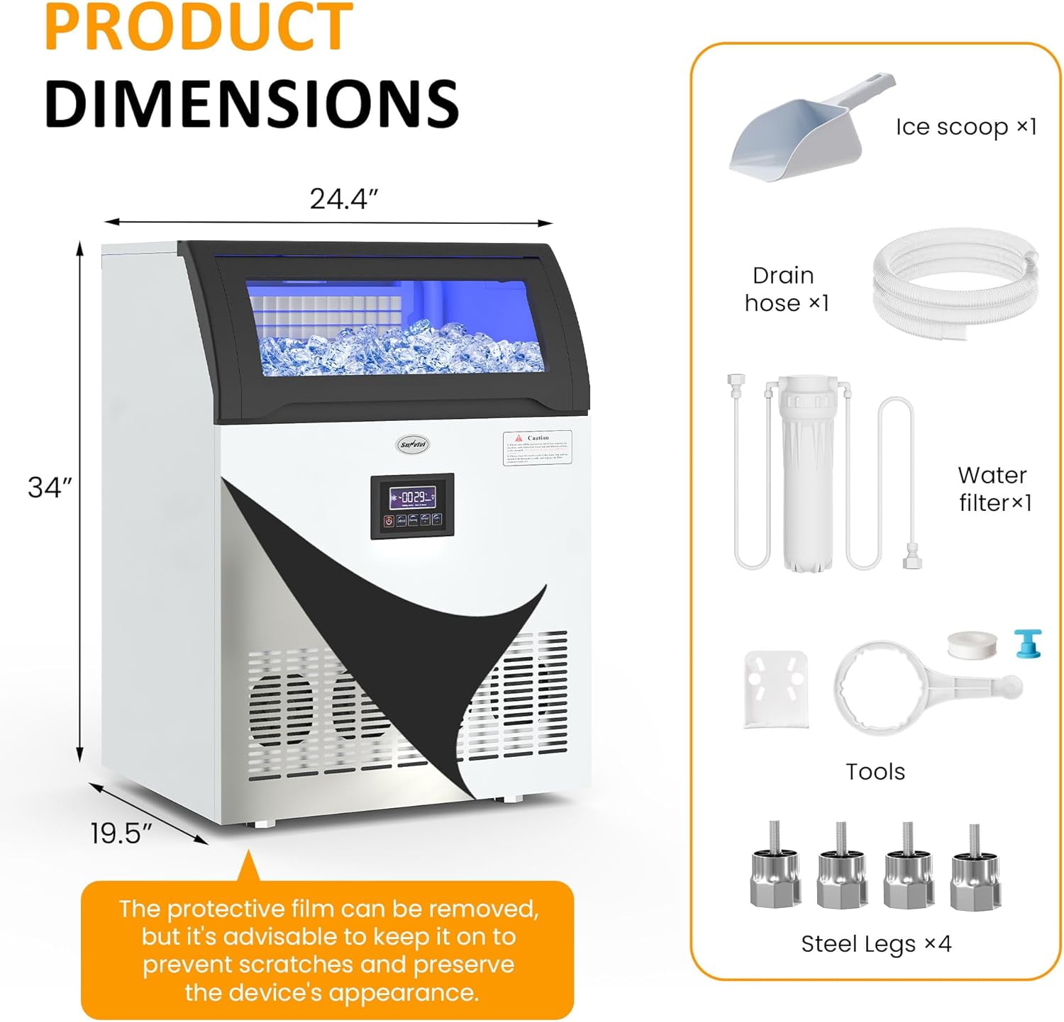Heynemo Commercial Ice Maker Machine, 265LBS/24H, 55LBS Storage Bin, Stainless Steel Under Counter Ice Machine for Restaurants, Bars, and Home Use, Includes Water Filter, Scoop, and Hose