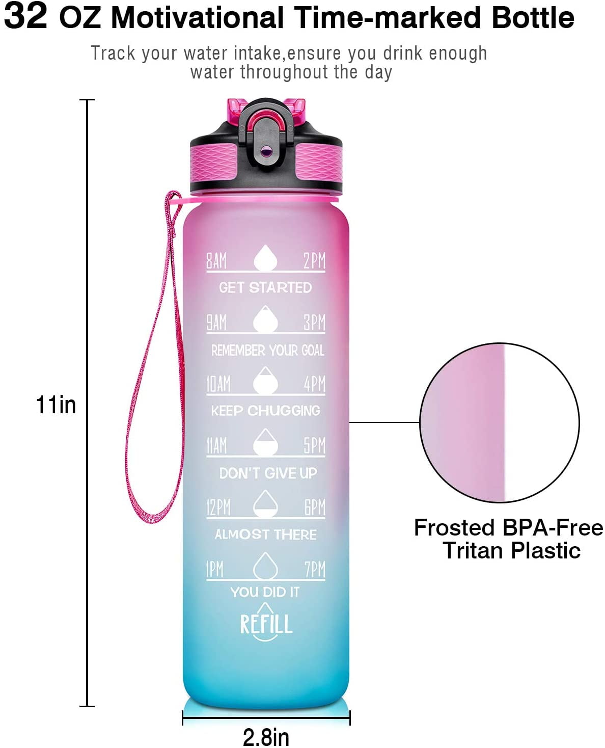 Filmotype 32 oz Time Marked Cute Water Bottles BPA Free Aesthetic & Frosted  Purple&Orange