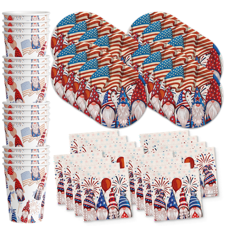 Fourth of July Paper Plates and Napkins - Patriotic Gnomes Party Supplies - American Flag Tableware Set Includes Plates Napkins Cups - Kit for 16