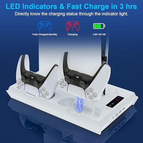 Cooling Station for PS5 & PS5 Slim Console Disc/Digital Edition, Stand Compatible with PlayStation 5, Charging Station with Dual Controller Charger, 3 Levels Cooling Fan, 3 USB Hubs & Headset Holder