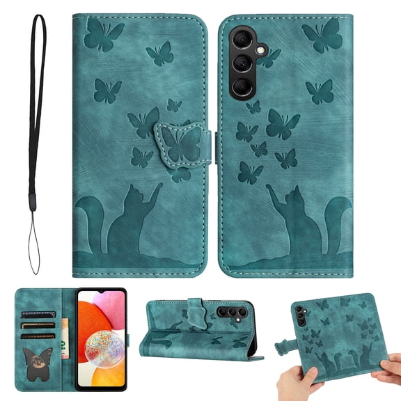 Wallet Case Designed For Samsung Galaxy A17 5G RFID Blocking Flip Folio Cover with Butterfly Embossed PU Leather Kickstand Credit Card Holder Slots Magnetic Wrist Strap Phone Case, Green