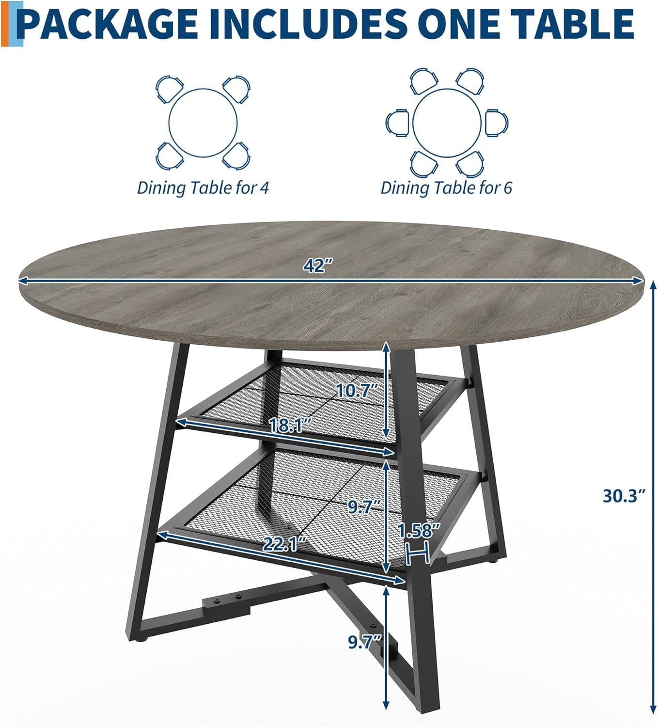 Gaderth Dinning Room Tables for 4, Round Dining Table Set with Storage, Circle Kitchen Dining Table with Metal Base, 47 Inch Wood Kitchen Tables with Storage Shelf【only table】