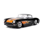 Jada Toys BIGTIME MUSCLE 1:24 1957 Chevy Corvette Die-cast Car – Opening Doors, Hood, Trunk, Rubber Tires(Glossy Black Flames)
