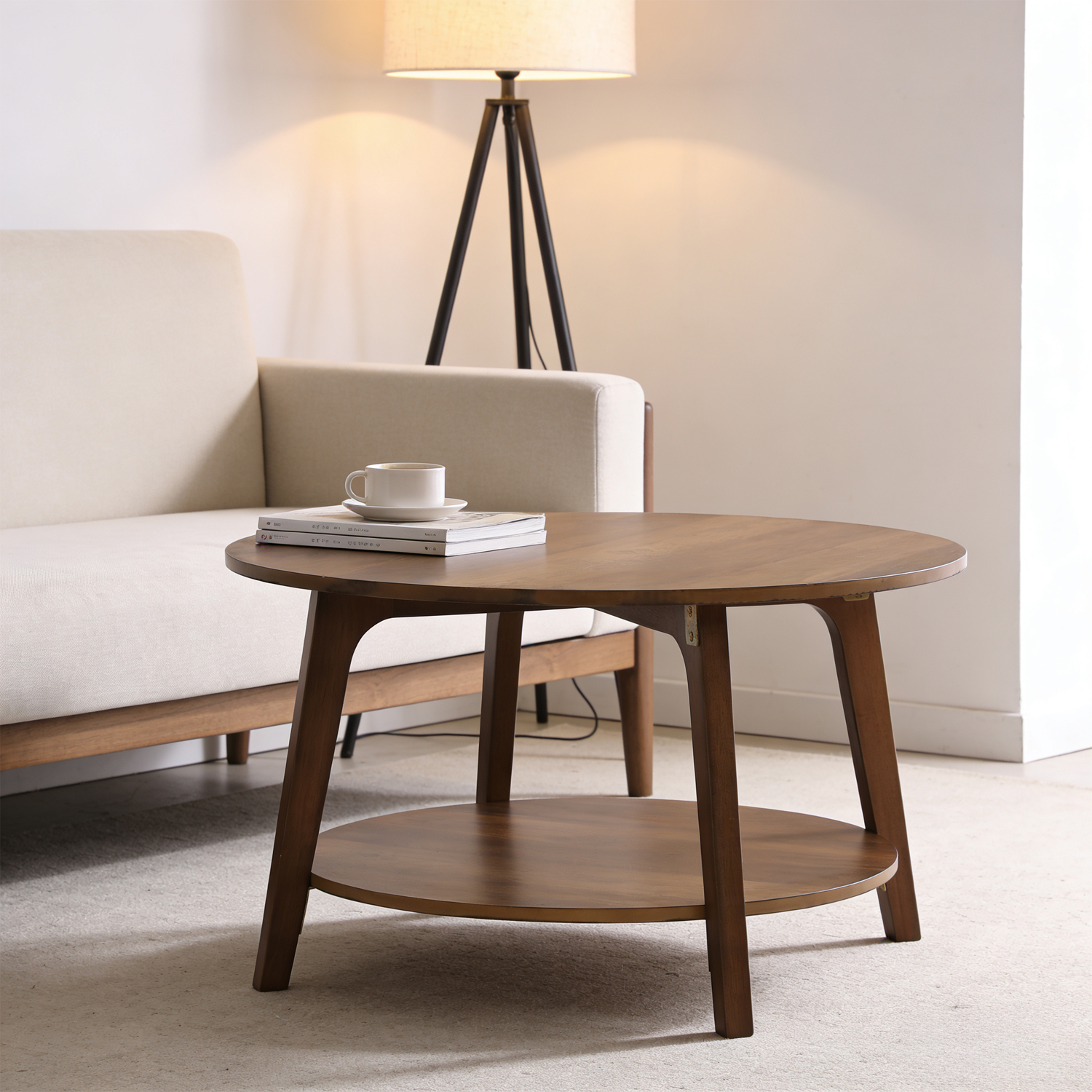 CL.HPAHKL Round Coffee Table, 31.5'' Wooden Circle Coffee Table with Storage, 2-Tier Center Table for Living Room, Apartment, Small Space, Brown