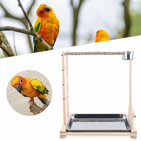 Pet Bird Parrot Wood Stand Stick Frame Game Playing Cage Perch+Metal Food Cups