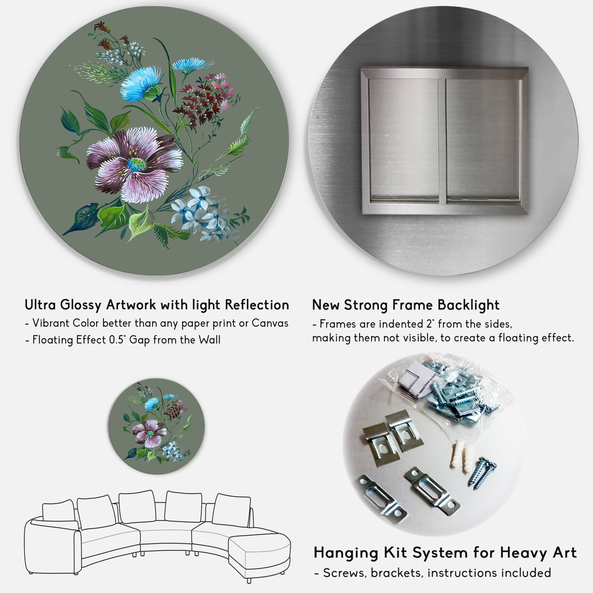 Designart 'Turquoise and Purple Spring Flowers' Traditional Circle Metal Wall Art 36x36 - Disc of 36