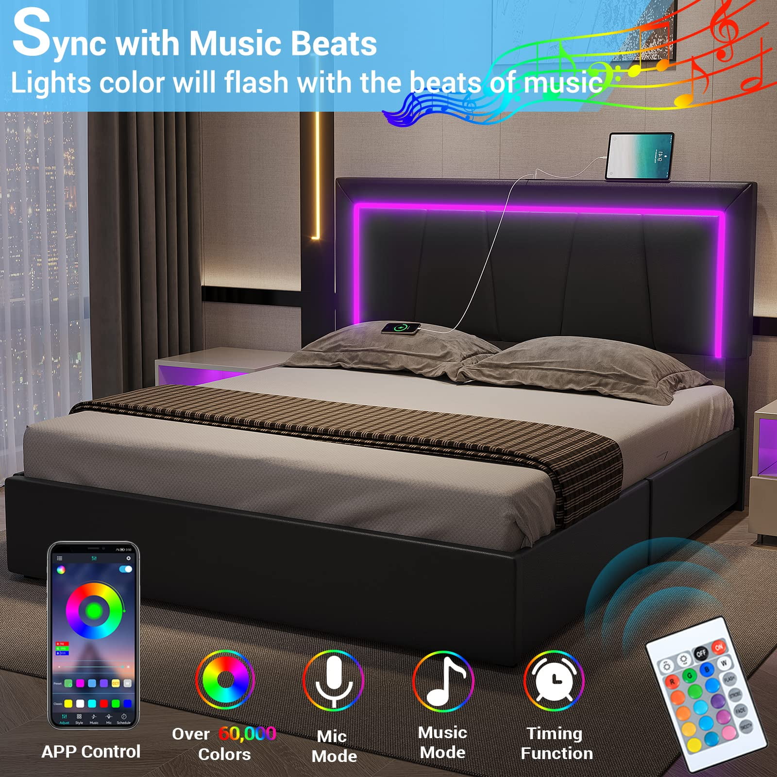 Queen LED Bed Frame with 4 Storage Drawers and USB Ports and LED Headboard, Faux Leather Upholstered Platform Bed Frame with 3 Side Light Strip, Black