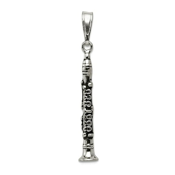 925 Sterling Silver Solid Oxidized Clarinet Charm 28x4mm Wide Pendant Necklace for Women - 2.0 Grams
