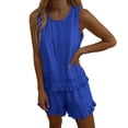 thumbnail image 4 of TEAJOPSUU Women's Ruffle Trim 2 Piece Outfit Lounge Sets Sleeveless Crew Neck Top Drawstring Ruffle Shorts 2PC Sets Relaxed Fit Casual Pajama Outfit Blue, 4 of 9