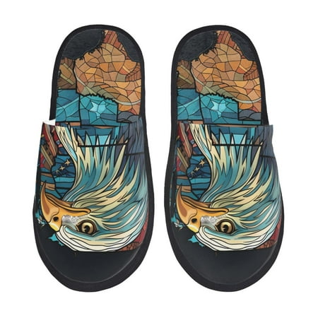 Balery Stained Glass Eagle USA Slient Indoor Furry Fleece Comfort House Shoes Soft Non-Slip Home Shoes Cotton slippers House Slippers-- Large