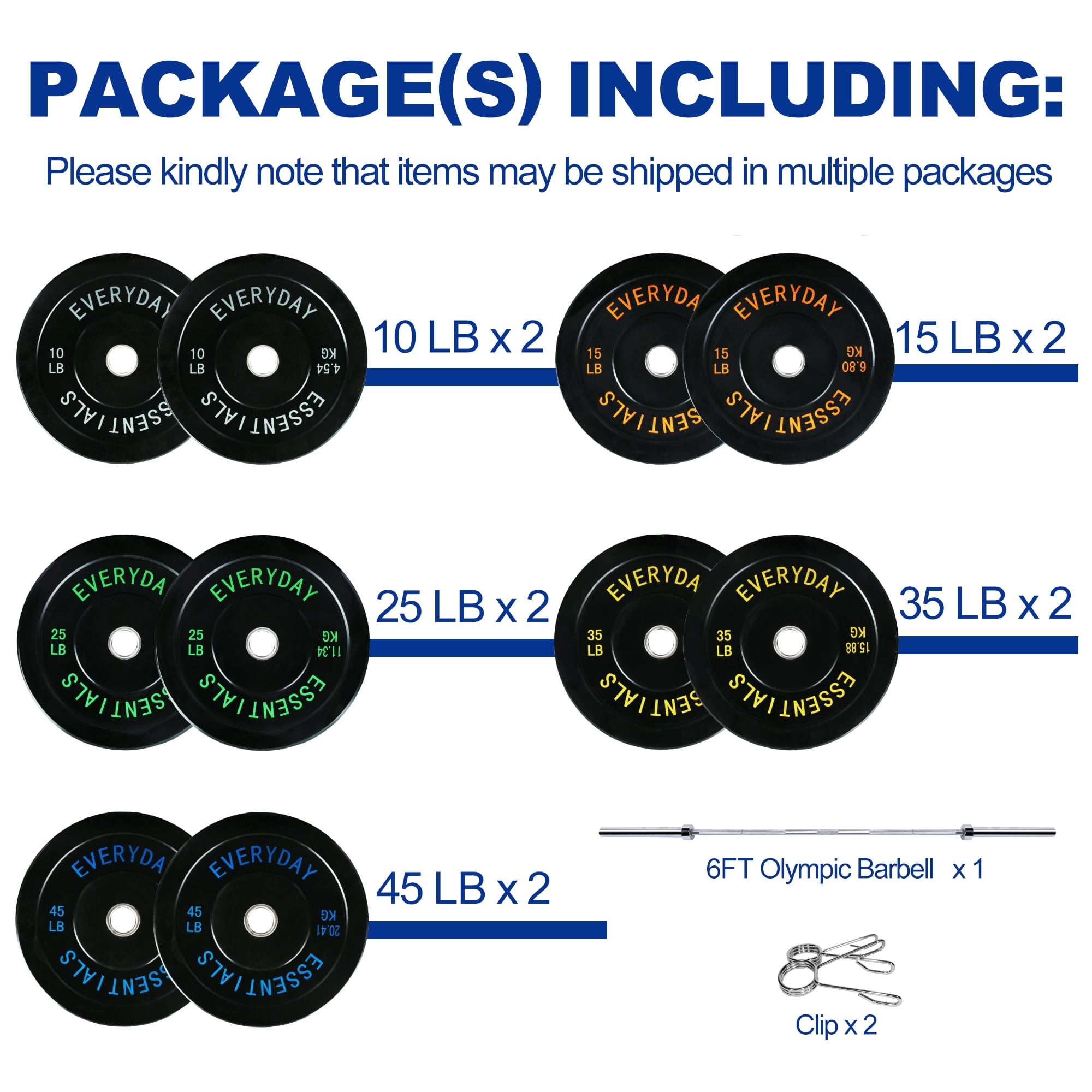BalanceFrom Olympic Bumper Plate Weight Plate with Steel Hub, Black, 260 lbs Set with 6FT Olympic Barbell and Clips, Multiple Packages